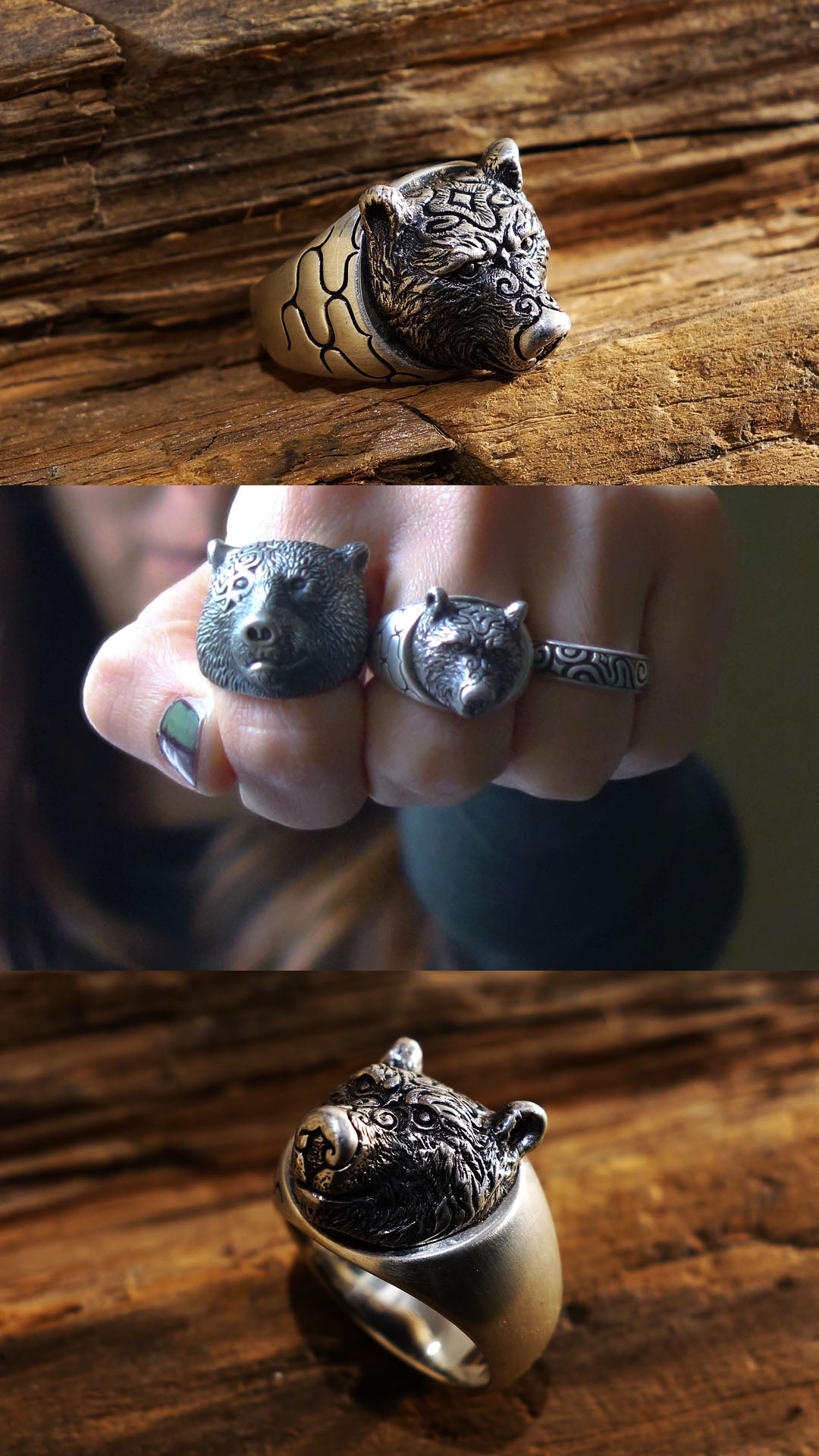 Little bear ring with Ainu pattern